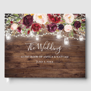 Rustic Wood Burgundy Floral Lights Wedding Guest Book
