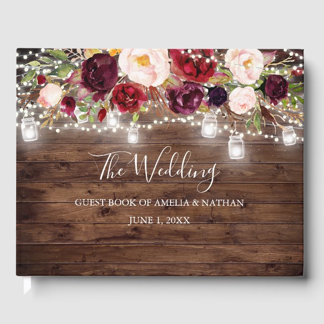 Rustic Wood Burgundy Floral Lights Wedding Guest Book (Front)