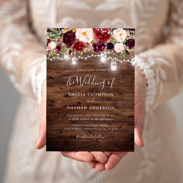 Rustic Wood Burgundy Floral Lights Wedding Invitation (Creator Uploaded)