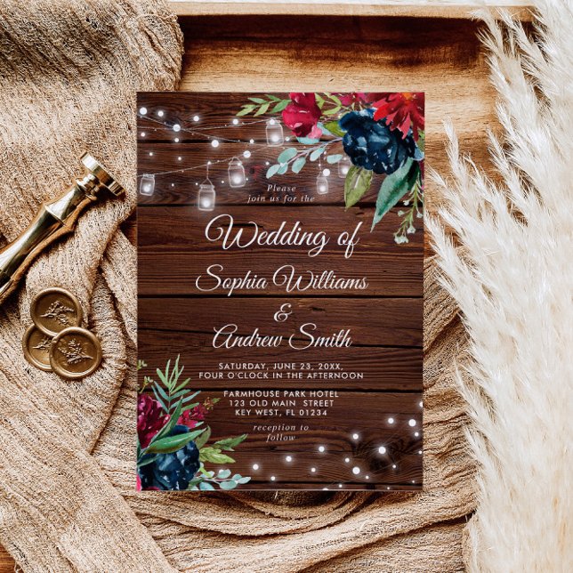 Rustic Wood Burgundy Floral Lights Wedding Invitation (Creator Uploaded)