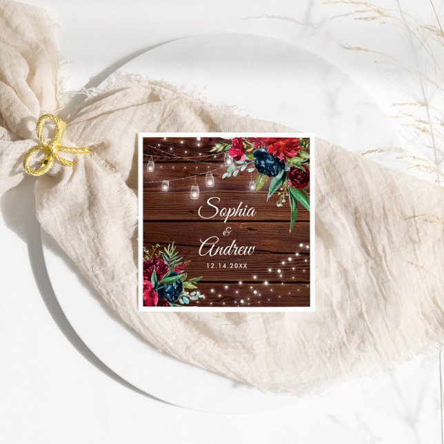 Rustic Wood Burgundy Floral Lights Wedding Napkin (Creator Uploaded)