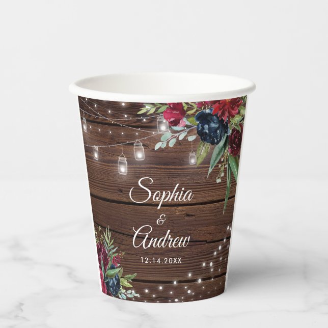 Rustic Wood Burgundy Floral Lights Wedding Paper Cups (Front)