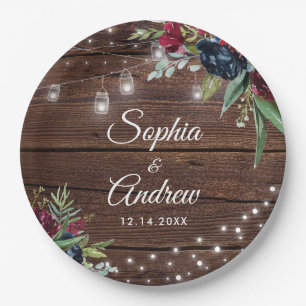 Rustic Wood Burgundy Floral Lights Wedding Paper Plate
