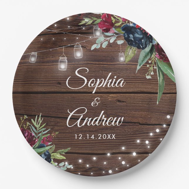Rustic Wood Burgundy Floral Lights Wedding Paper Plate (Front)