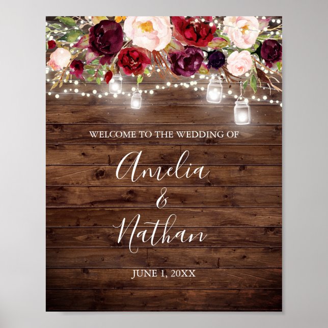 Rustic Wood Burgundy Floral Lights Wedding Poster (Front)