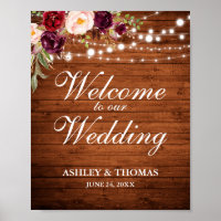 Rustic Wood Burgundy Floral Lights Wedding Welcome