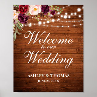 Rustic Wood Burgundy Floral Lights Wedding Welcome Poster