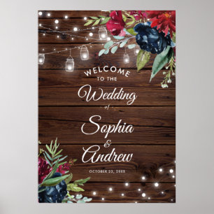 Rustic Wood Burgundy Floral Lights Wedding Welcome Poster