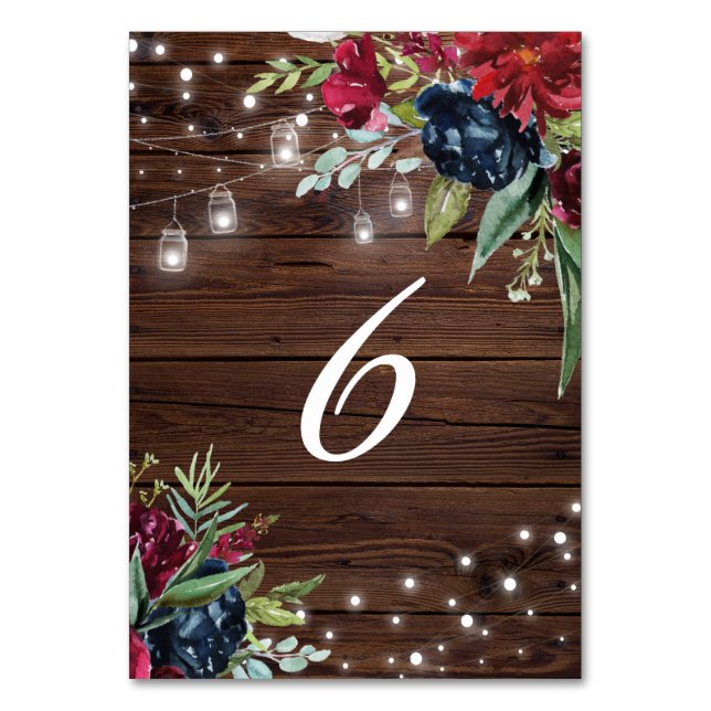 Rustic Wood Burgundy Floral Lights Wood 6 Table Number (Front)