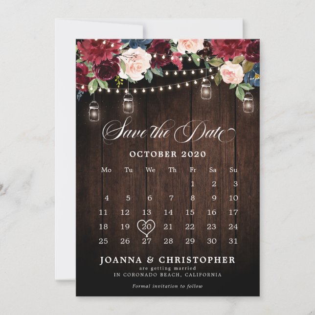 Rustic Wood Burgundy Floral Mason Jar Calendar Save The Date (Front)