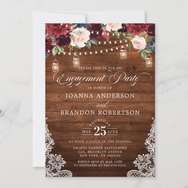 Rustic Wood Burgundy Floral Mason Jar Engagement Invitation (Front)