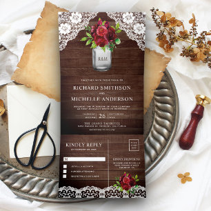 Rustic Wood Burgundy Floral Mason Jar Lace Wedding Tri-Fold Invitation