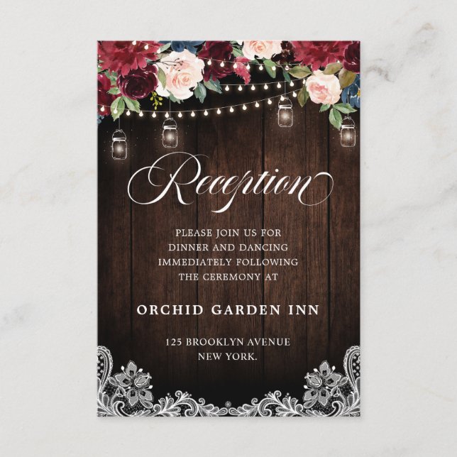 Rustic Wood Burgundy Floral Mason Jar Reception Enclosure Card (Front)