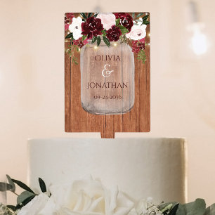 Rustic Wood Burgundy Floral Mason Jar Wedding Cake Pick