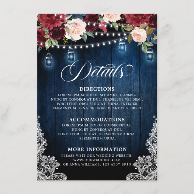 Rustic Wood Burgundy Floral Mason Jar Wedding Enclosure Card (Front)