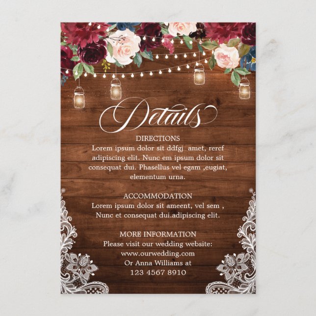 Rustic Wood Burgundy Floral Mason Jar Wedding Enclosure Card (Front)