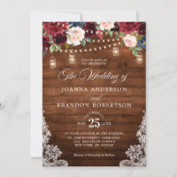 Rustic Wood Burgundy Floral Mason Jar Wedding Invi
