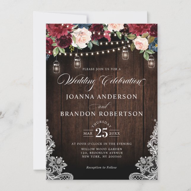 Rustic Wood Burgundy Floral Mason Jar Wedding Invi Invitation (Front)