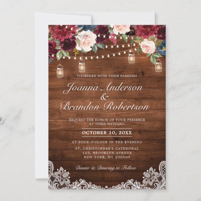 Rustic Wood Burgundy Floral Mason Jar Wedding Invitation (Front)
