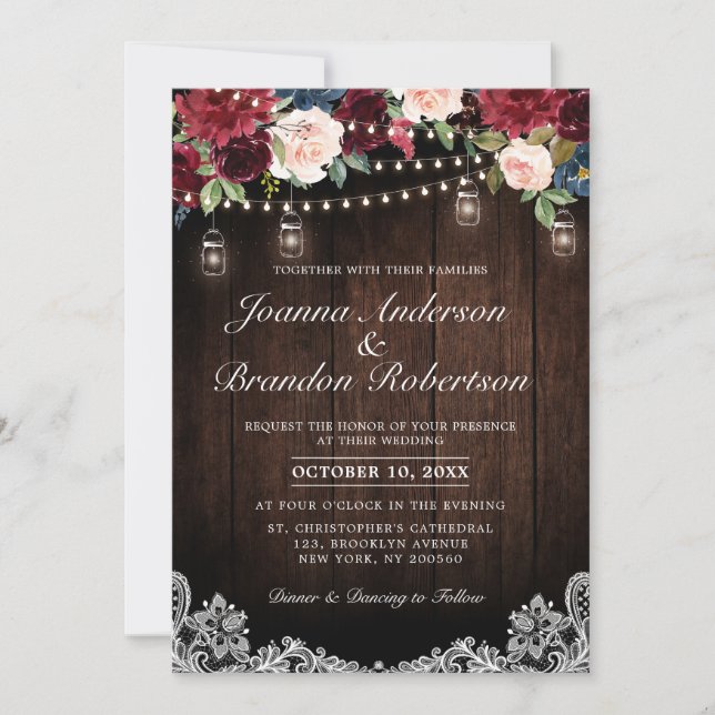 Rustic Wood Burgundy Floral Mason Jar Wedding Invitation (Front)