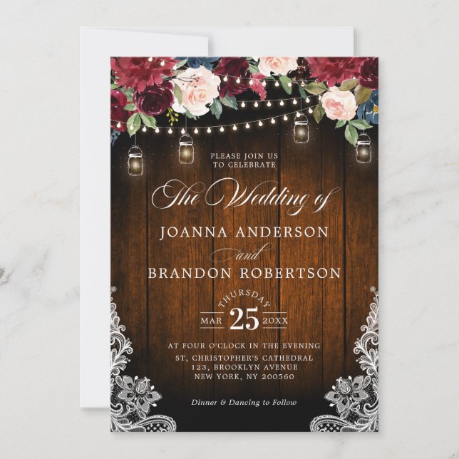 Rustic Wood Burgundy Floral Mason Jar Wedding Invitation (Front)