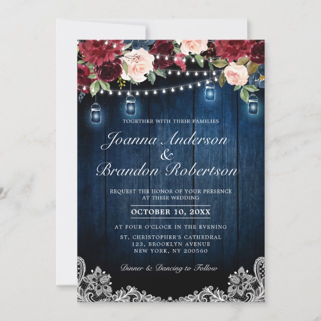 Rustic Wood Burgundy Floral Mason Jar Wedding Invitation (Front)