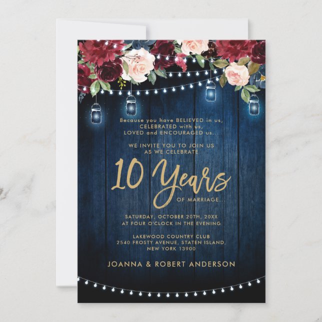 Rustic Wood Burgundy Floral Mason Jar Wedding Invitation (Front)