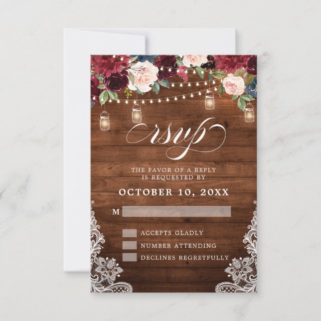 Rustic Wood Burgundy Floral Mason Jar Wedding RSVP Card (Front)