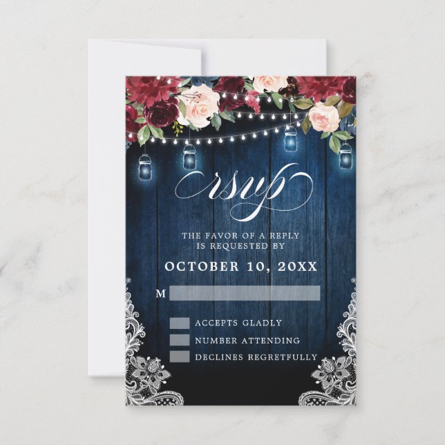 Rustic Wood Burgundy Floral Mason Jar Wedding RSVP Card (Front)
