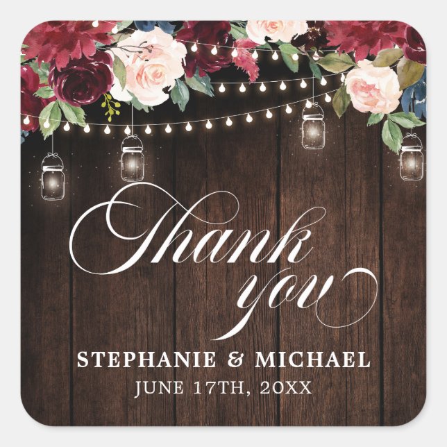 Rustic Wood Burgundy Floral Mason Jar Wedding Square Sticker (Front)