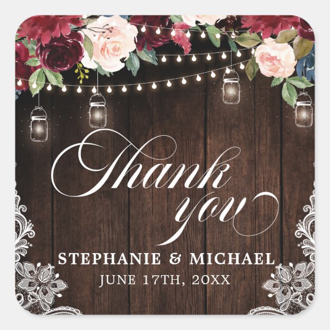 Rustic Wood Burgundy Floral Mason Jar Wedding Square Sticker (Front)