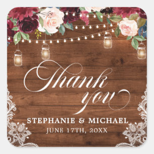 Rustic Wood Burgundy Floral Mason Jar Wedding Square Sticker