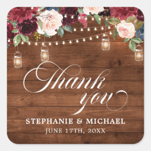 Rustic Wood Burgundy Floral Mason Jar Wedding Square Sticker