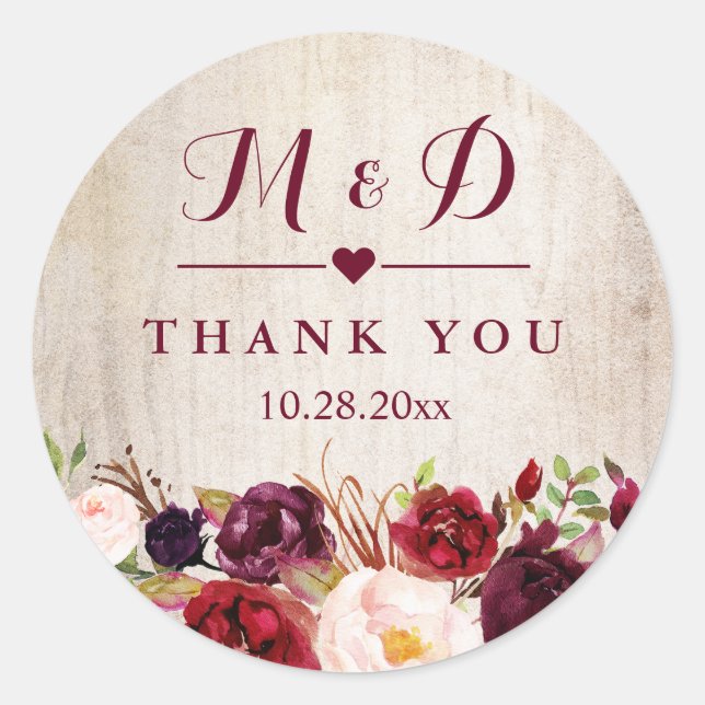 Rustic Wood Burgundy Floral Monogram Wedding Favou Classic Round Sticker (Front)