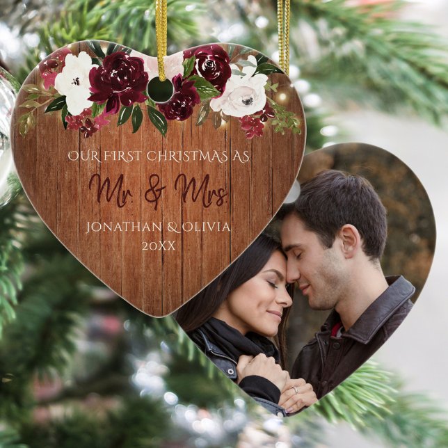 Rustic Wood Burgundy Floral Newlywed Photo Ceramic Tree Decoration (Creator Uploaded)