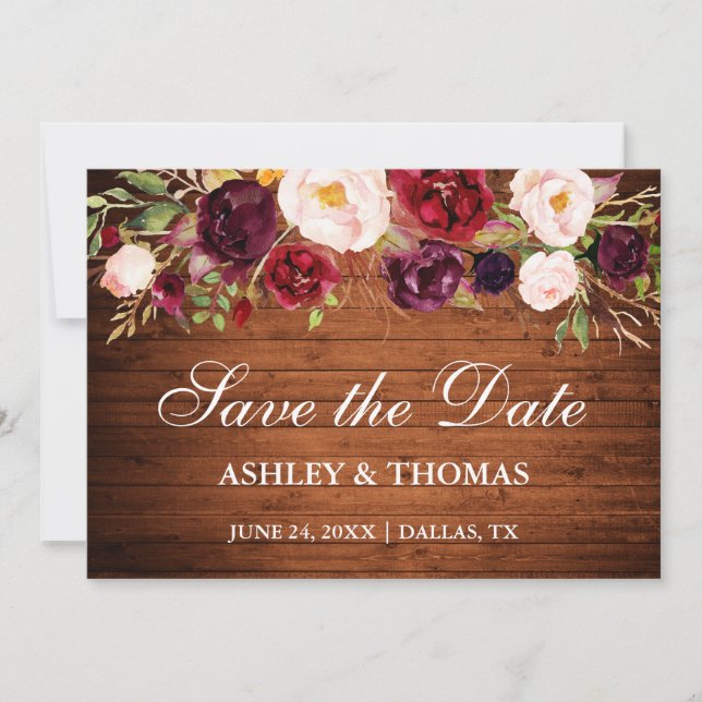 Rustic Wood Burgundy Floral Save the Date (Front)
