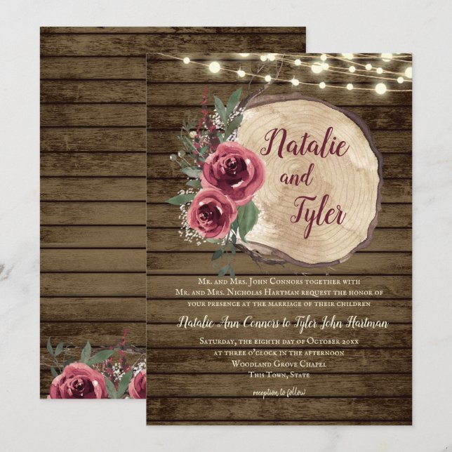 Rustic Wood Burgundy Floral|Tree Slice Lights Wed Invitation (Front/Back)