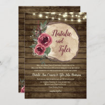 Rustic Wood Burgundy Floral|Tree Slice Lights Wed