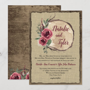 Rustic Wood Burgundy Floral Tree Slice Wedding Invitation