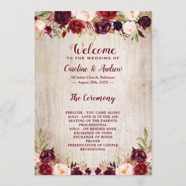 Rustic Wood Burgundy Floral Wedding Ceremony Programme (Front)