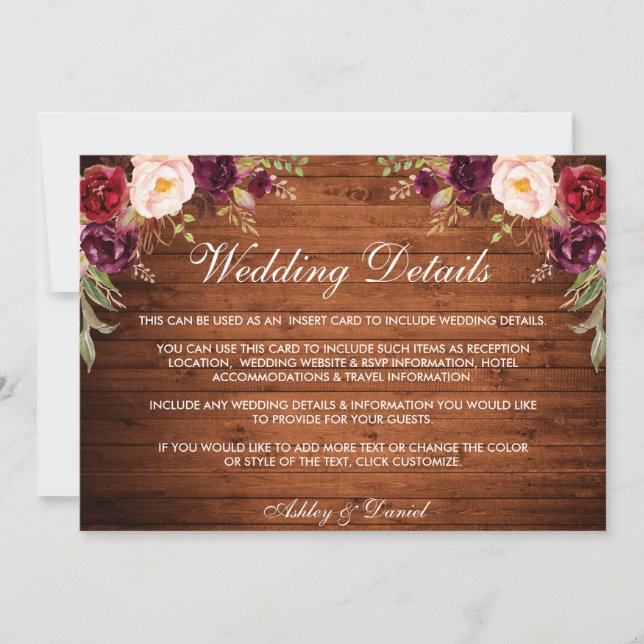 Rustic Wood Burgundy Floral Wedding Details Card (Front)