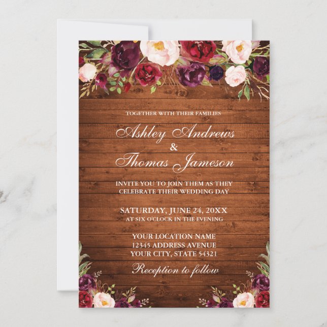 Rustic Wood Burgundy Floral Wedding Invitation (Front)