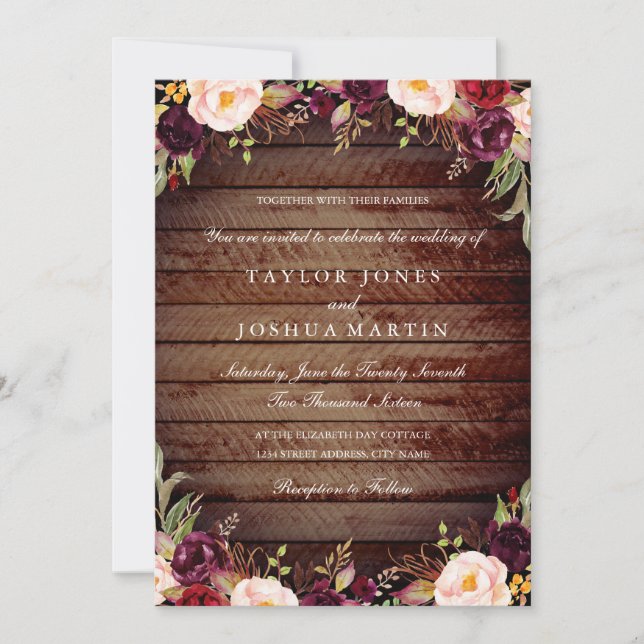 Rustic Wood Burgundy Floral Wedding Invitation (Front)