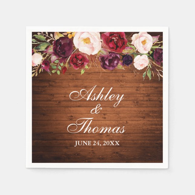 Rustic Wood Burgundy Floral Wedding Napkin (Front)