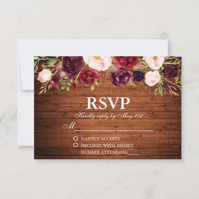 Rustic Wood Burgundy Floral Wedding RSVP Card (Front)