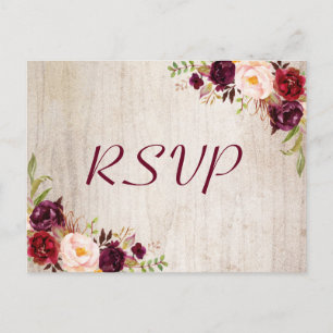 Rustic Wood Burgundy Floral Wedding RSVP Response Postcard