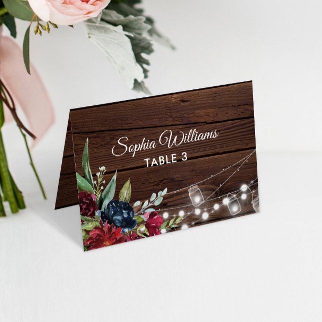  Rustic Wood Burgundy Floral  Wedding Table Card (Creator Uploaded)