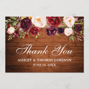 Rustic Wood Burgundy Floral Wedding Thank You