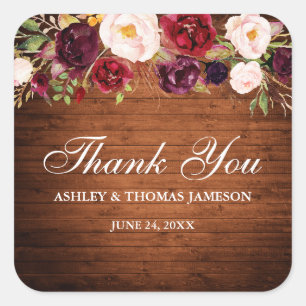 Rustic Wood  Burgundy Floral Wedding Thank You Square Sticker