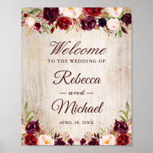 Rustic Wood Burgundy Floral Wedding Welcome Sign